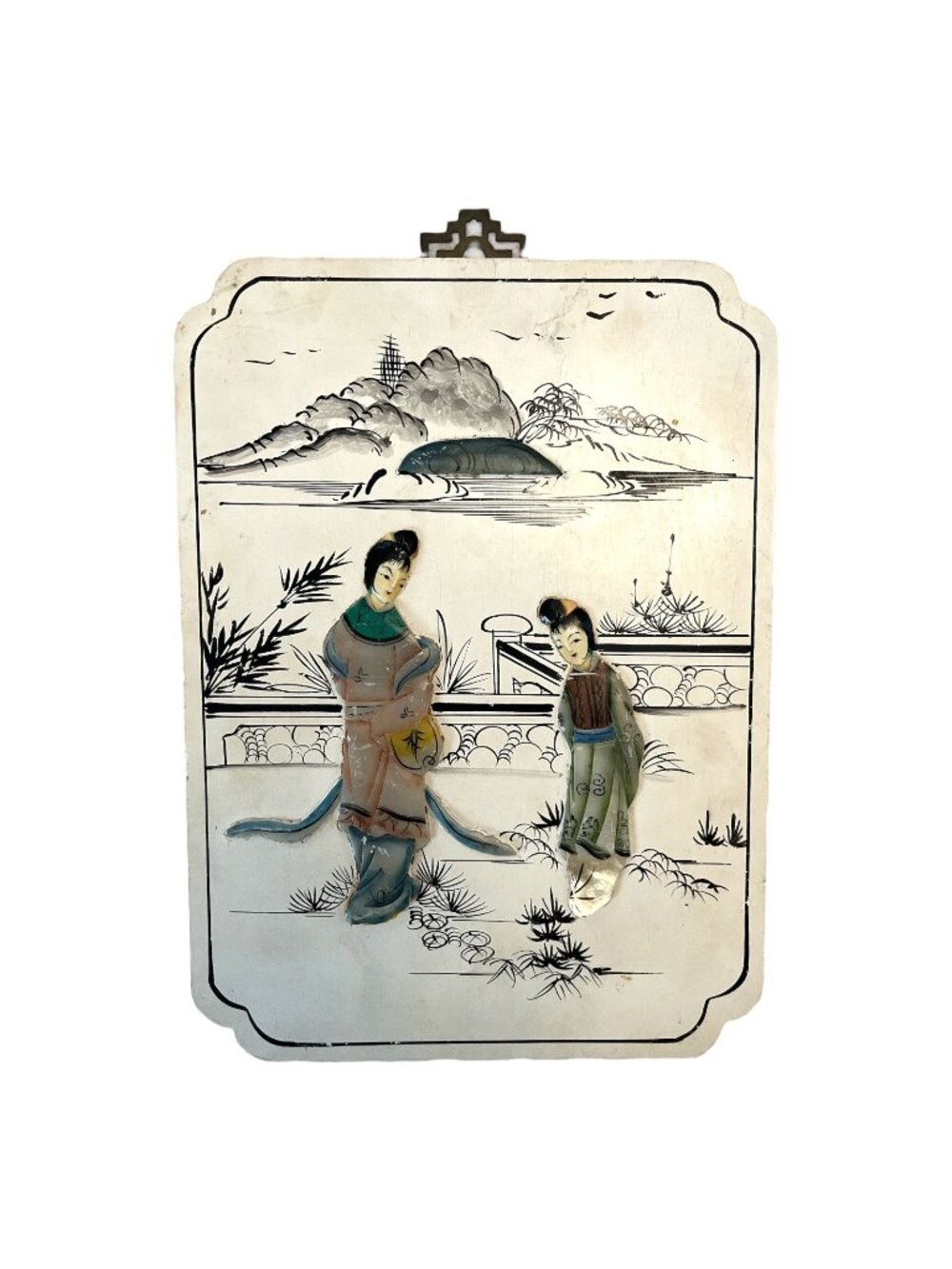Vintage Macau Asian Wall Plaque Raised Figures Chinoiserie Decor 15x11